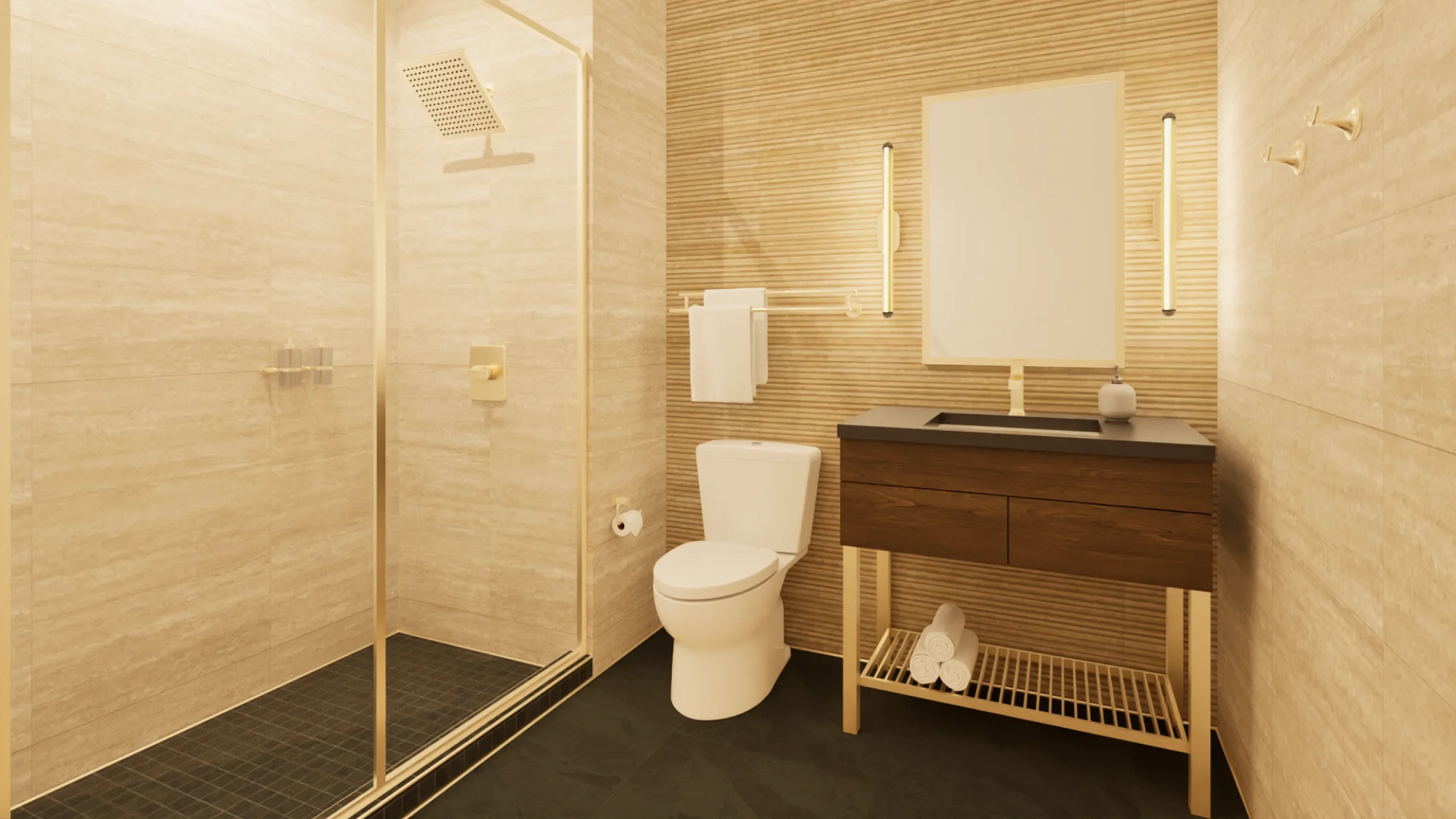 a white toilet sitting next to a wooden sink